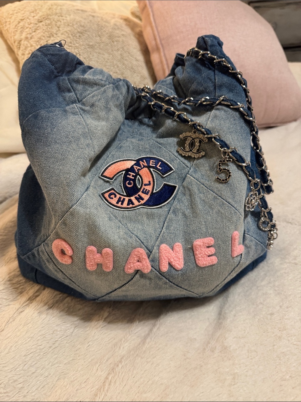 Chanel Denim Quilted Shoulder Bag with Pink Accents